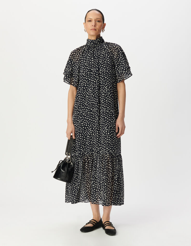 Women’s navy polka dot print long dress with draped collar-2