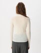 Pull col roul&eacute; blanc tricot fin c&ocirc;tel&eacute; 100% laine Femme-2
