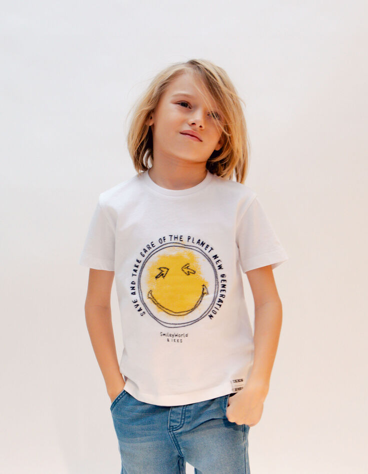 Wit T-shirt biokatoen print en borduursel SMILEYWORLD jongens-3