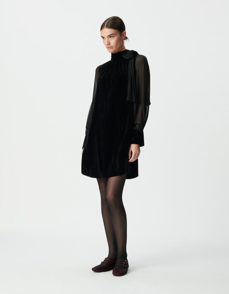 Robe bi-matière noire velours froissé et voile Femme-2