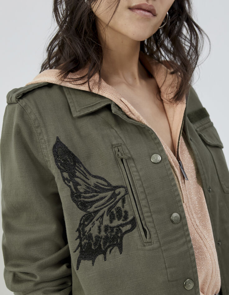 Damen-Safarijacke, Khaki, schwarzes Schmetterlingsmotiv-6