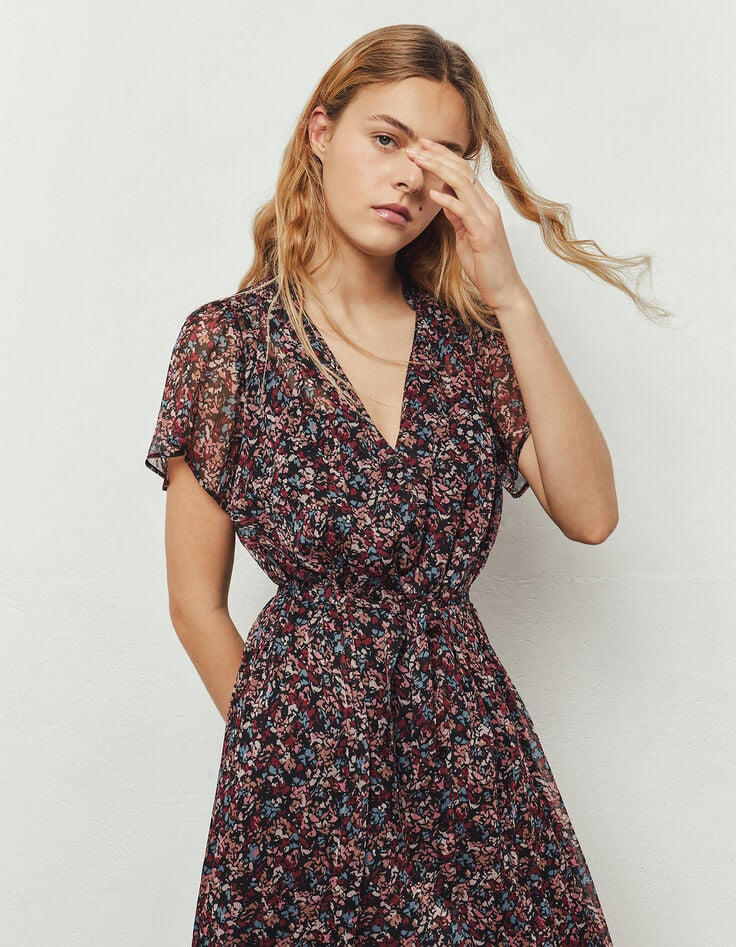 Langes, schwarzes Damenkleid mit Blumenprint-1