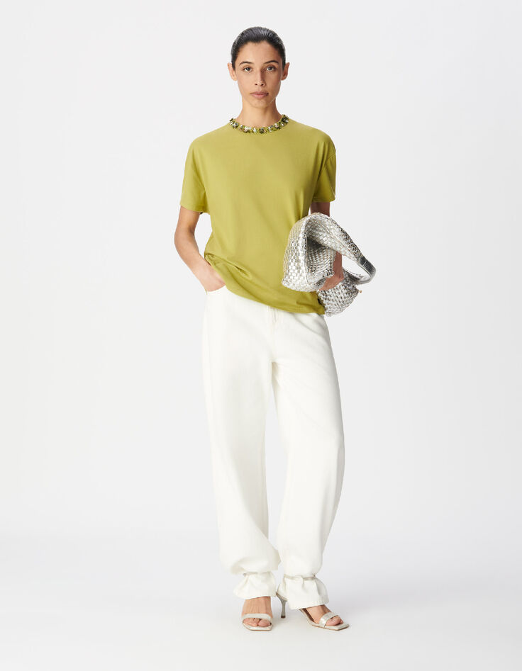 Dames-T-shirt met groene korte mouwen en juwelenkraag-1