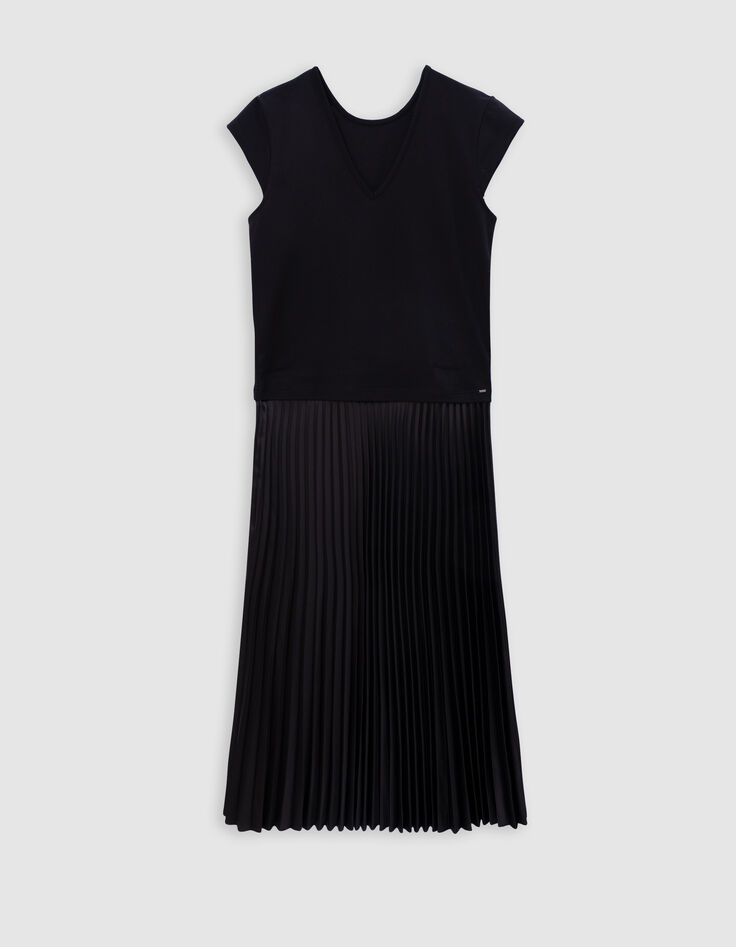 Robe longue noire bi-matière plissée Femme-5