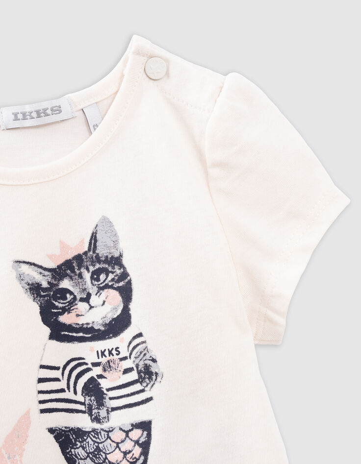 Ecru T-shirt biokatoen glitterpoes-zeemeermin babymeisjes-2