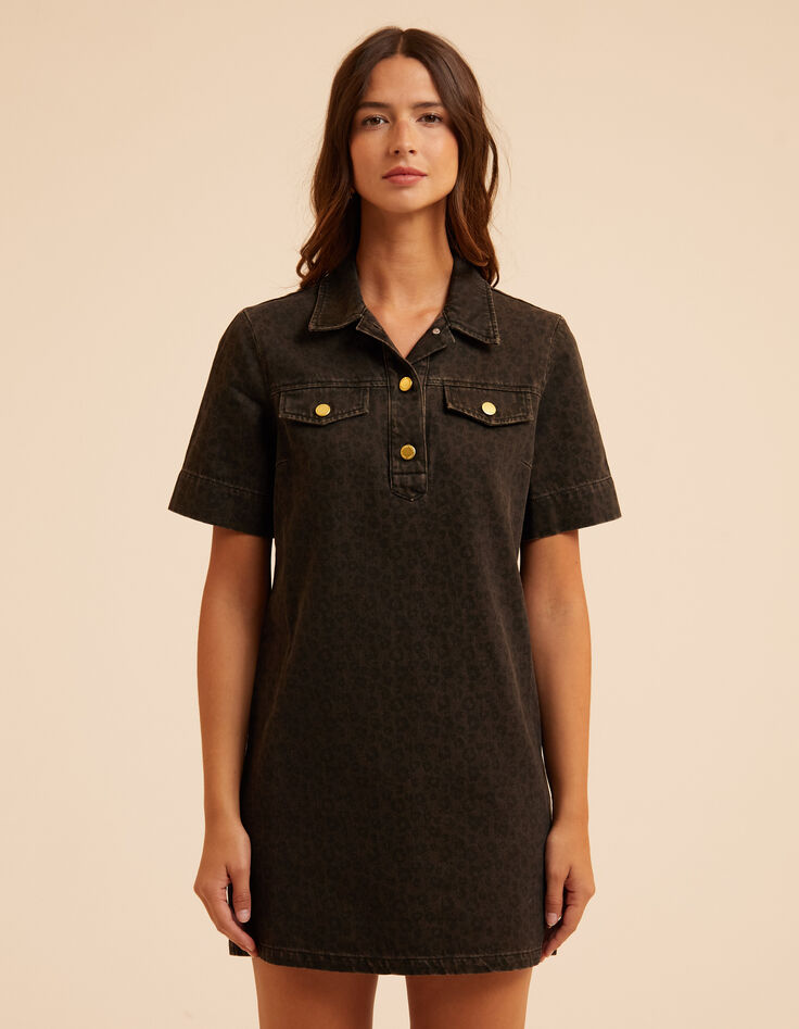 Robe en jean marron imprim&eacute; l&eacute;opard I.Code-1