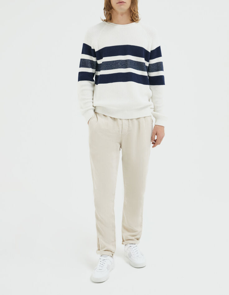 Pull blanc cassé tricot rayé marine Homme-5