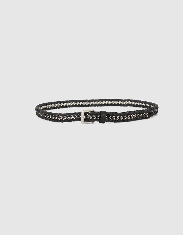 Ceinture fine en cuir noir et chaîne tressés Femme-5