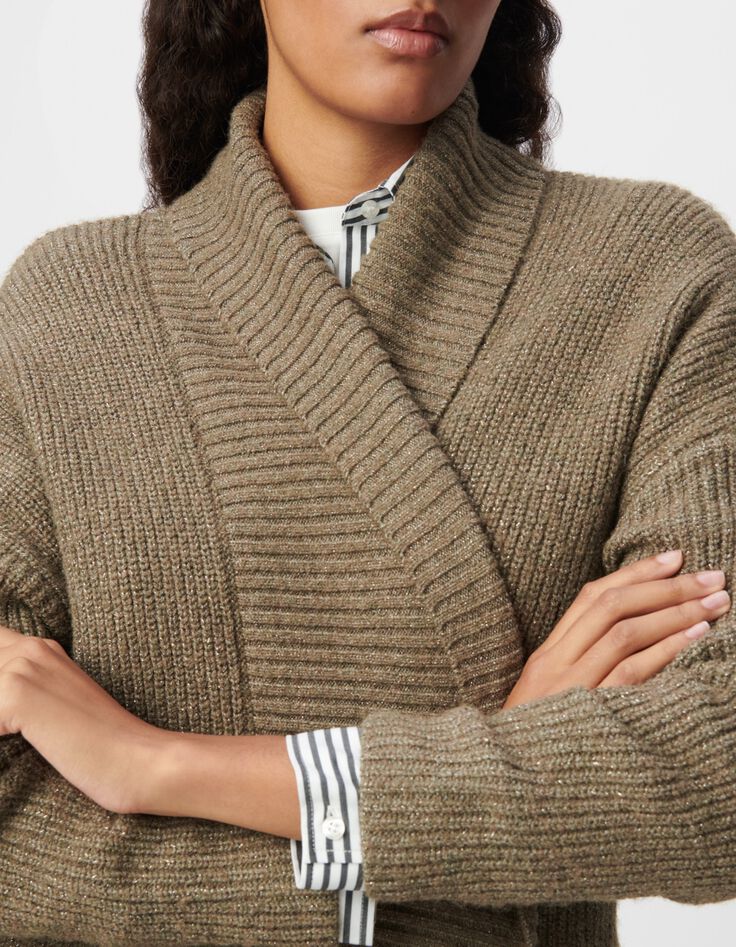 Chaqueta con cintur&oacute;n militar caqui de punto l&uacute;rex para mujer-4