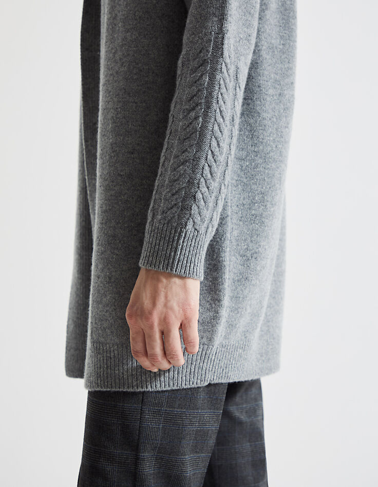 Cardigan mi-long gris en 100% laine torsades poignets femme-3