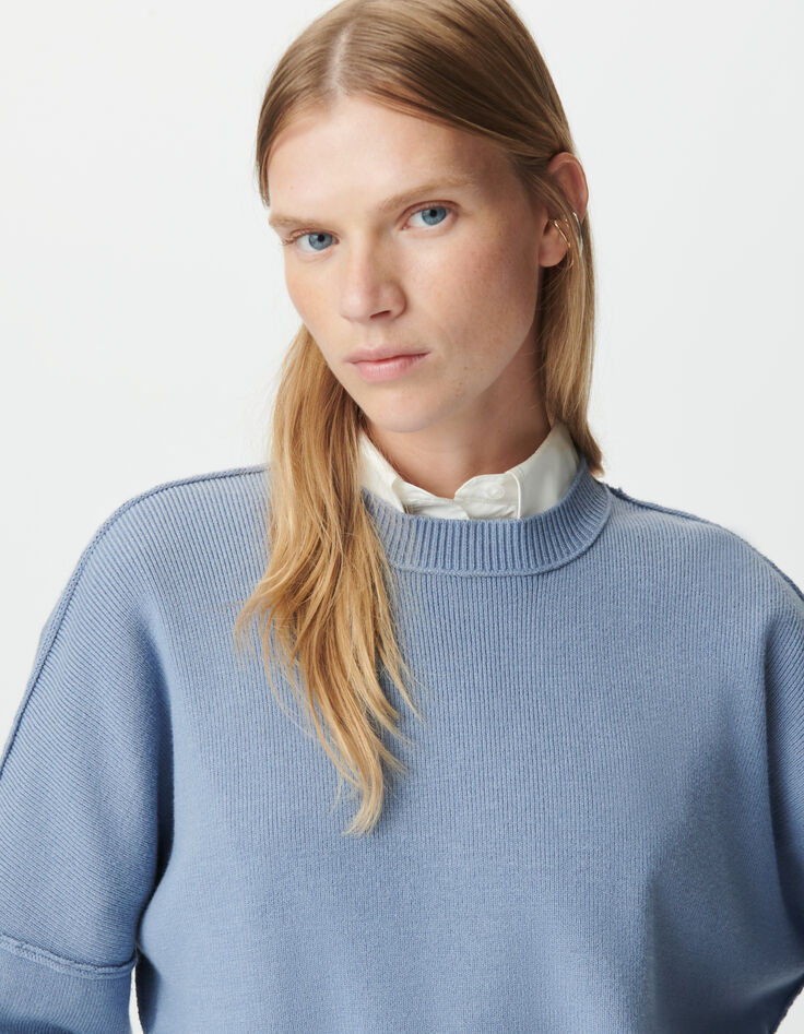 Pull oversize bleu tricot longueur cropped Femme-3