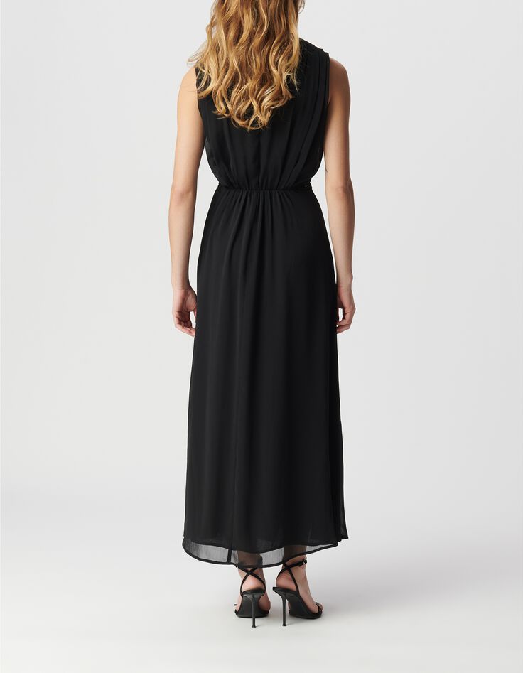 Robe longue noire d&eacute;tail pliss&eacute; taille Femme-3