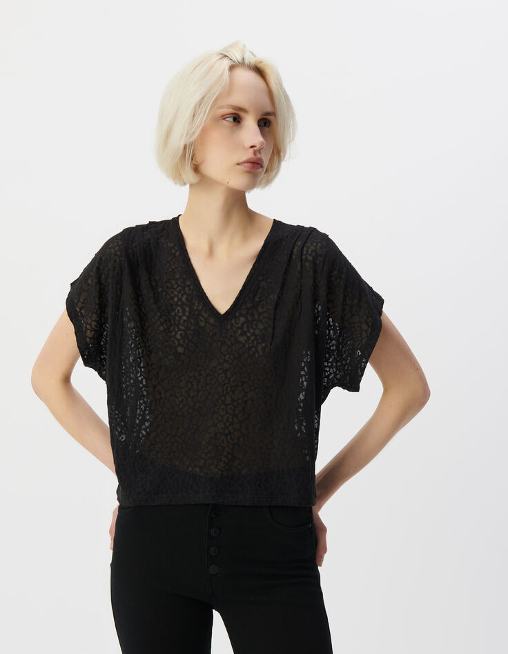 Schwarzes Damen-T-Shirt, V-Schnitt, transparentes Leomotiv-2