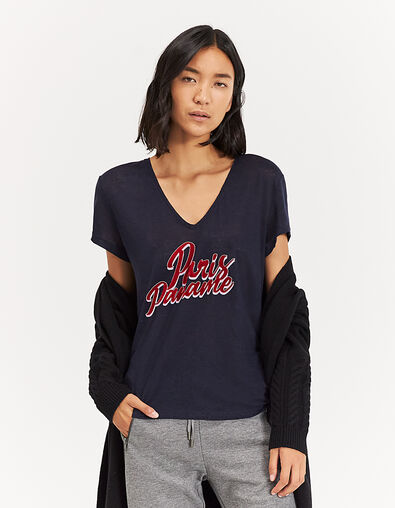 Women’s navy linen V-neck T-shirt with flocked velvet slogan - IKKS