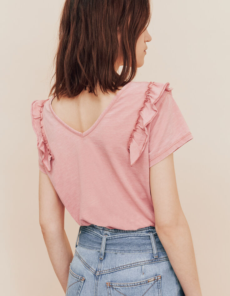 Tee-shirt rose devant dos épaules volantées femme-3 Tee-shirt rose devant dos épaules volantées femme-3