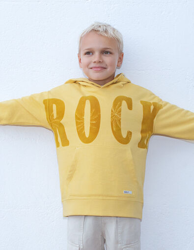 Gelbes Jungensweatshirt mit geflocktem Veloursschriftzug - IKKS