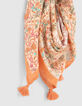 Quadratischer, orangefarbener M&auml;dchenschal mit Blumenprint-4