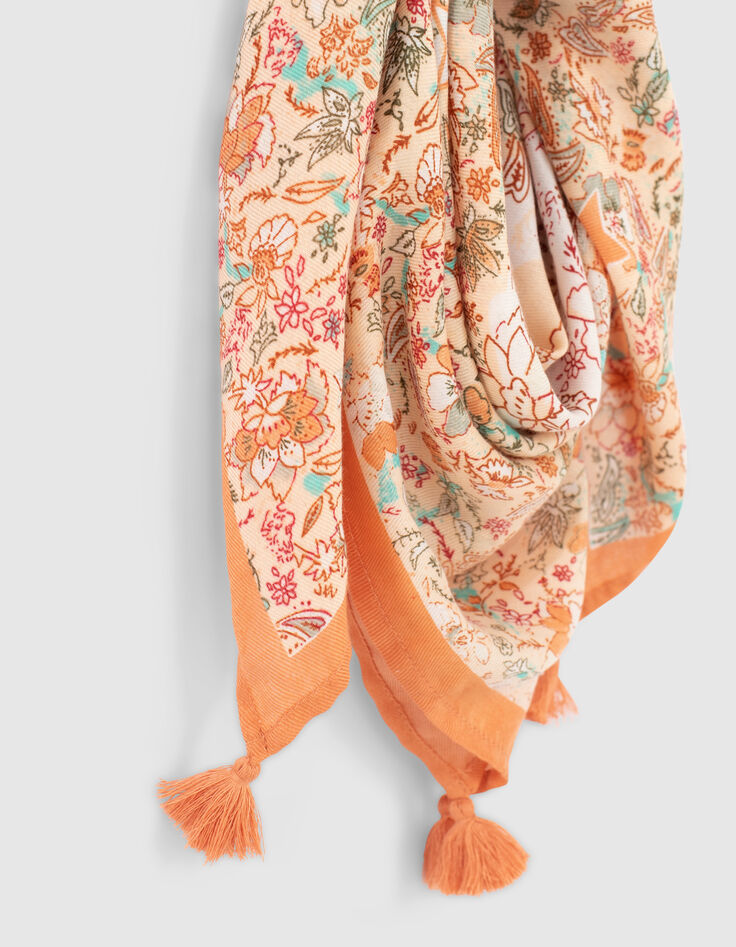 Quadratischer, orangefarbener M&auml;dchenschal mit Blumenprint-4