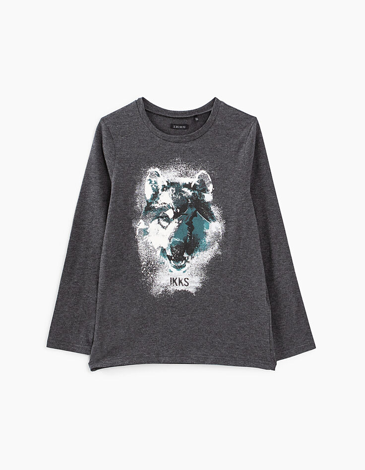 Tee-shirt gris chiné anthracite à tête de loup garçon-1