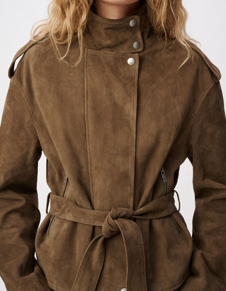 Cazadora de piel de ante beige con cintur&oacute;n para mujer-6