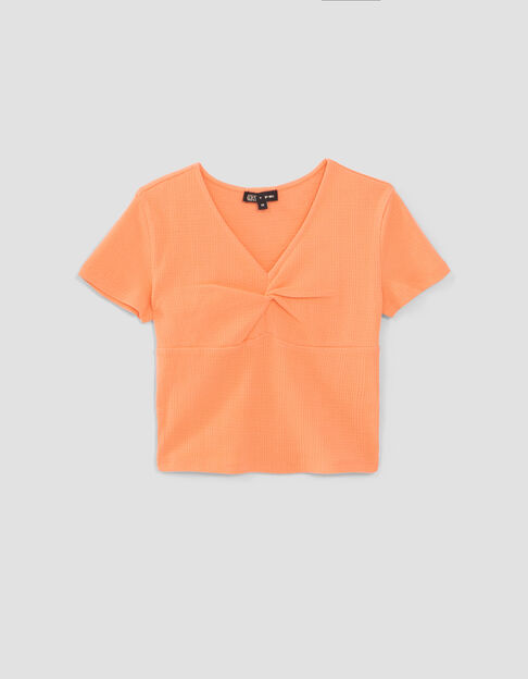 Girls’ orange organic cotton T-shirt, bow effect on front - IKKS