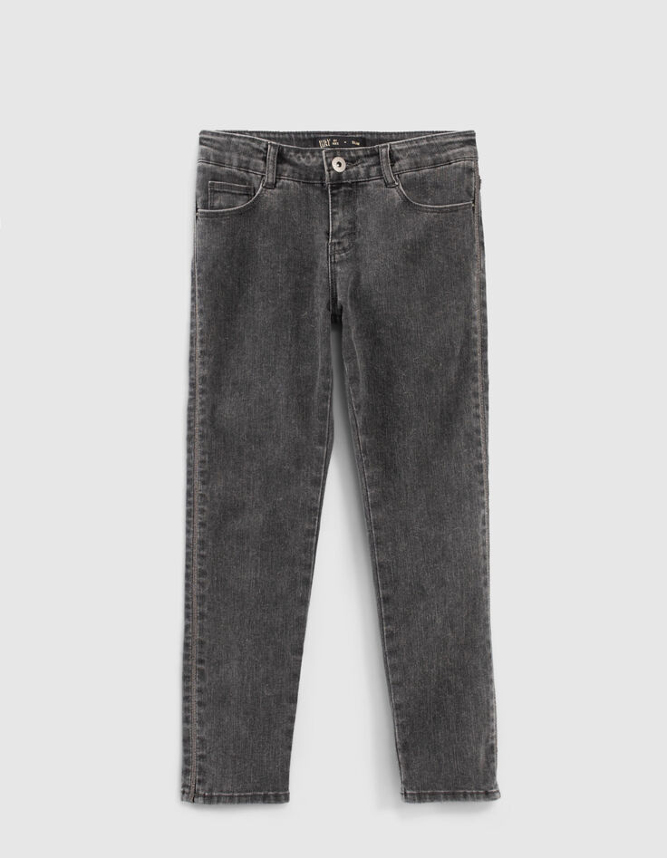 Girls’ grey high-waist slim jeans with side bands-1