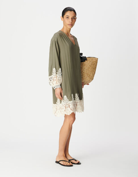 Robe ample kaki rayures bord&eacute;e dentelle Femme - IKKS