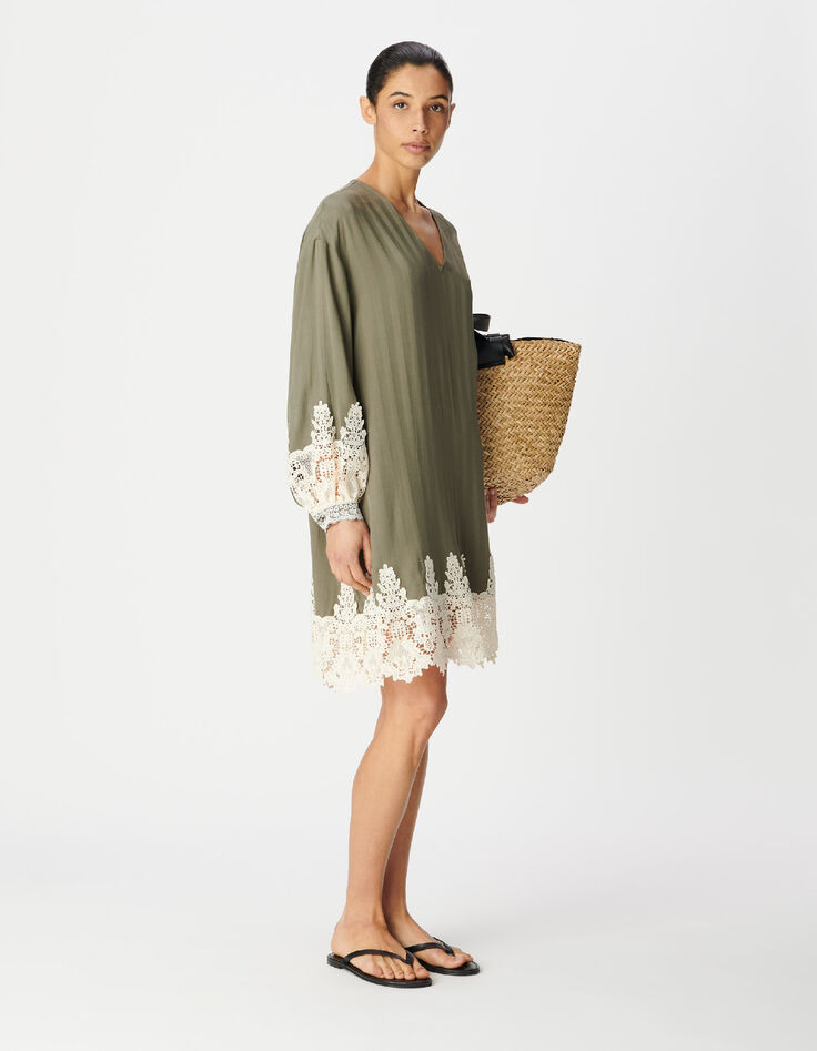 Robe ample kaki rayures bord&eacute;e dentelle Femme-1