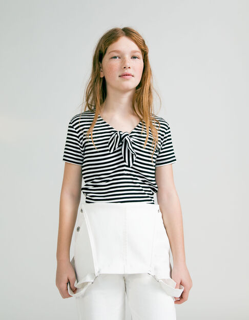 Girl’s black T-shirt with white stripes and bow - IKKS
