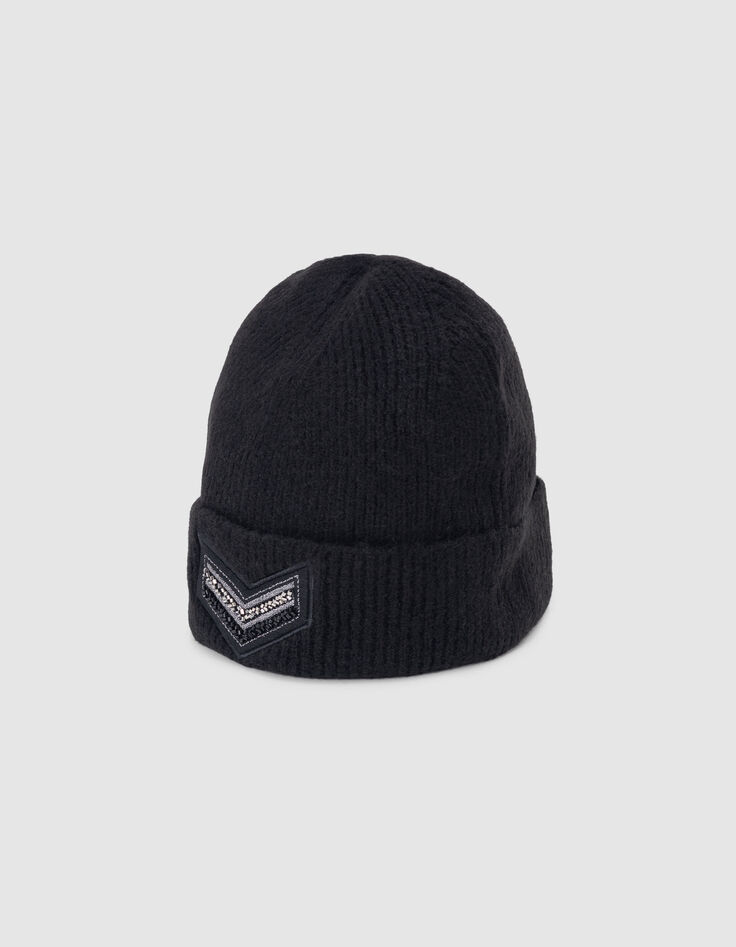 Schwarze Damenstrickm&uuml;tze mit gesticktem Chevron-Muster-2
