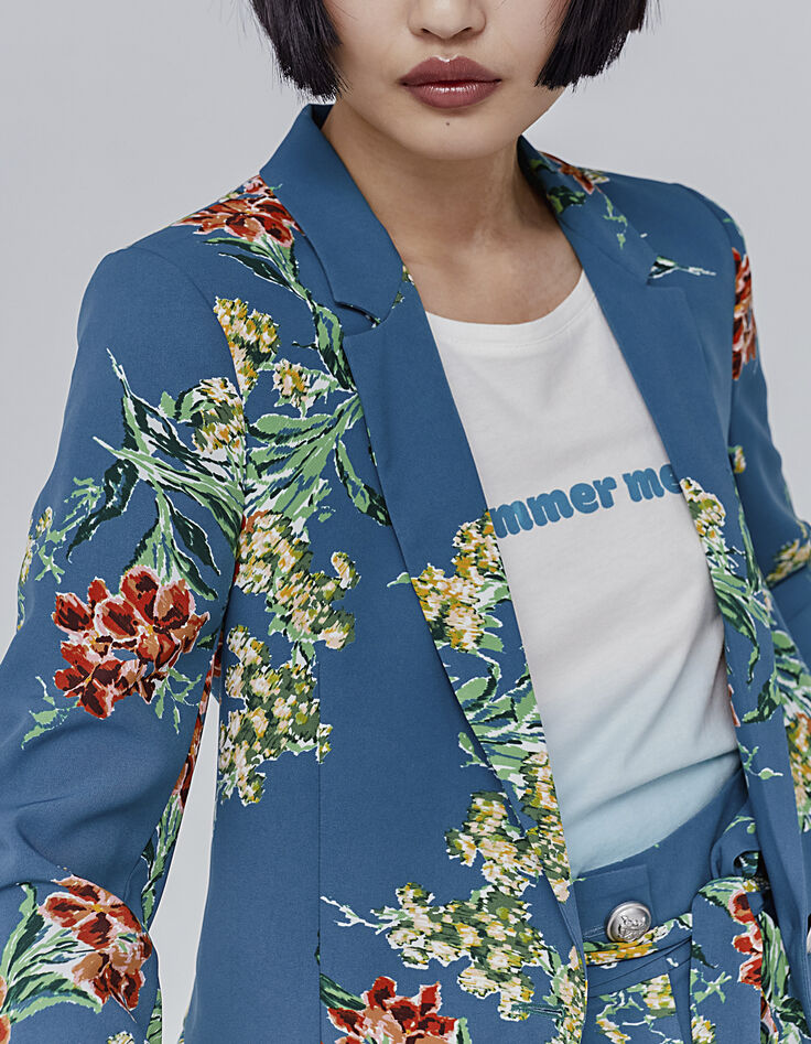 Smaragdgr&uuml;ner Damenchiffonblazer mit Blumenstrau&szlig;-Print-4