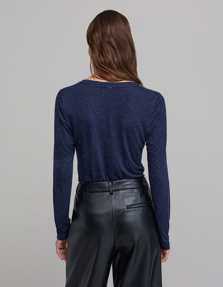Women's navy lurex knit tee-shirt with curb chain design-2