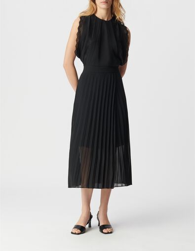 Robe longue noire pliss&eacute;e bandes dentelle Femme - IKKS
