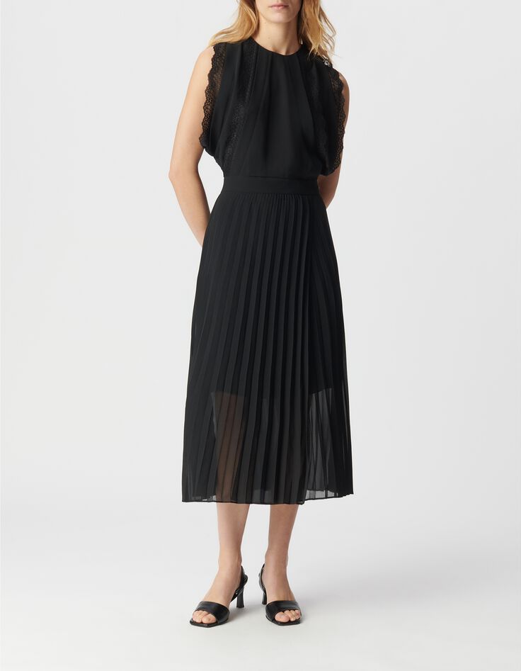 Robe longue noire pliss&eacute;e bandes dentelle Femme-1