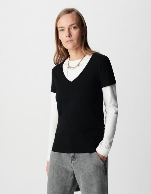 Women's black V-neck embroidery chevron back tee-shirt - IKKS