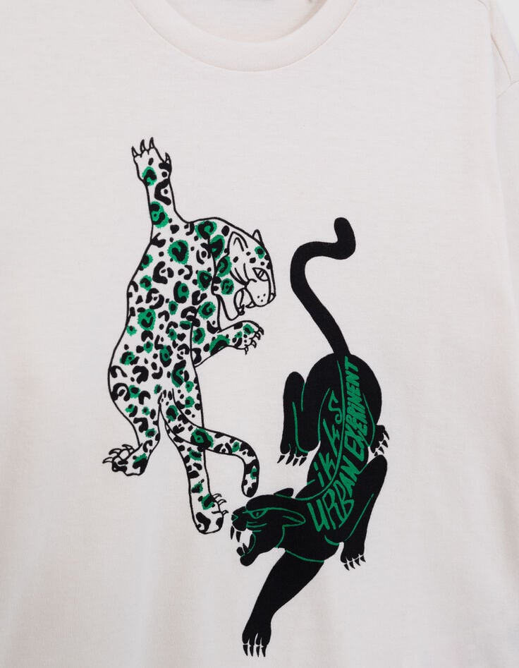 Boy's ecru organic cotton visual double panther T-shirt-2 Boy's ecru organic cotton visual double panther T-shirt-2
