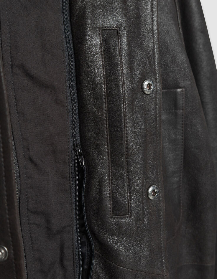 Sobrecamisa de cuero marr&oacute;n con capucha desmontable Hombre-8