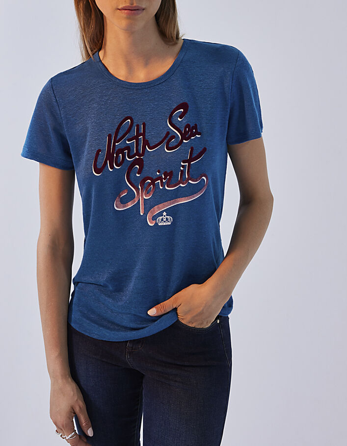 Women’s blue linen T-shirt with flocked velvet graphic - IKKS