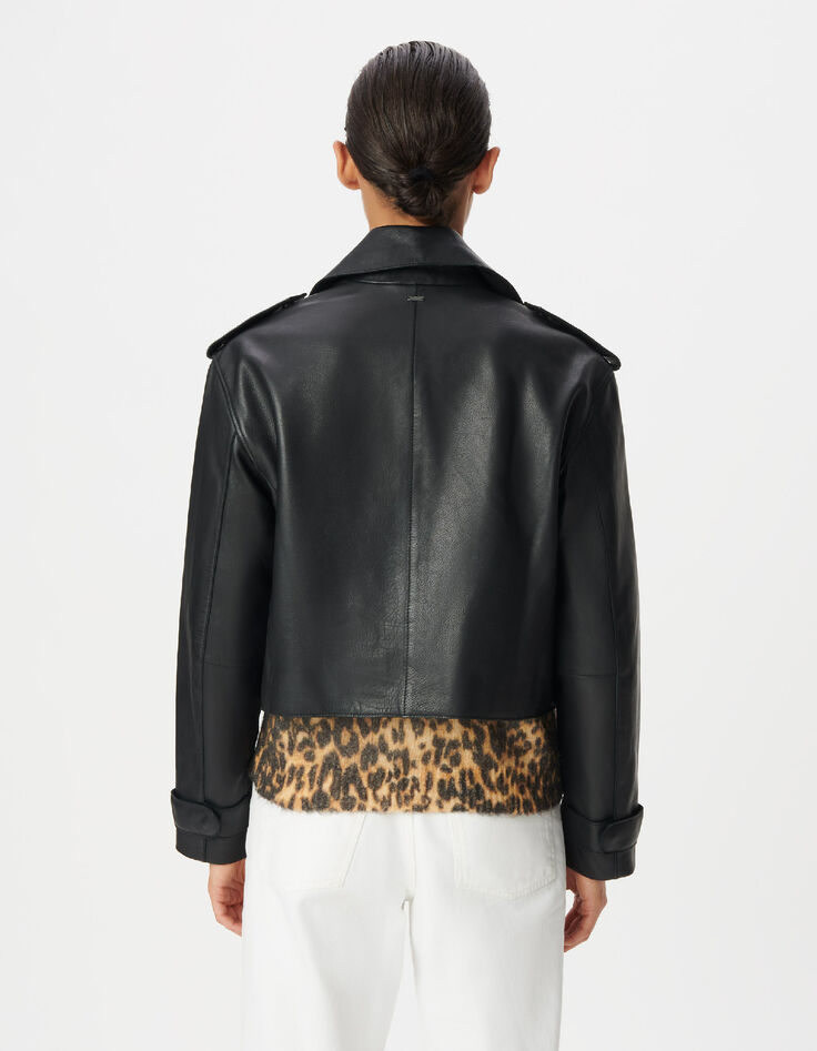 Veste cuir noir bavolet et poche biais Femme-4