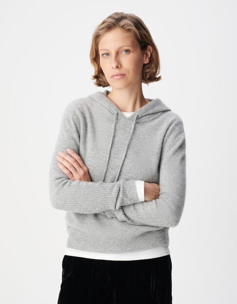Pull &agrave; capuche gris tricot 100% cachemire Femme - IKKS