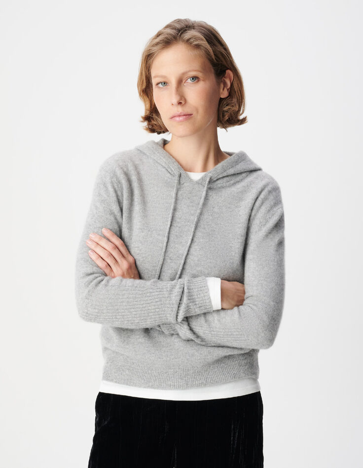 Pull &agrave; capuche gris tricot 100% cachemire Femme-2