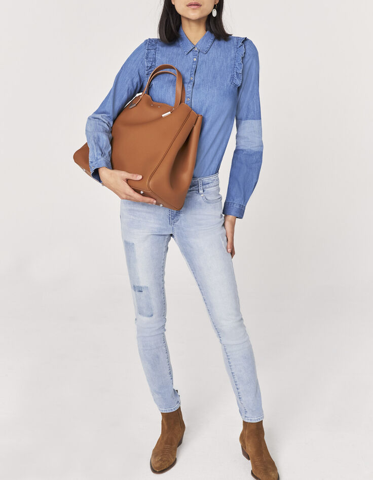 Chemise jean bio effet patch et volants aux épaules femme-6