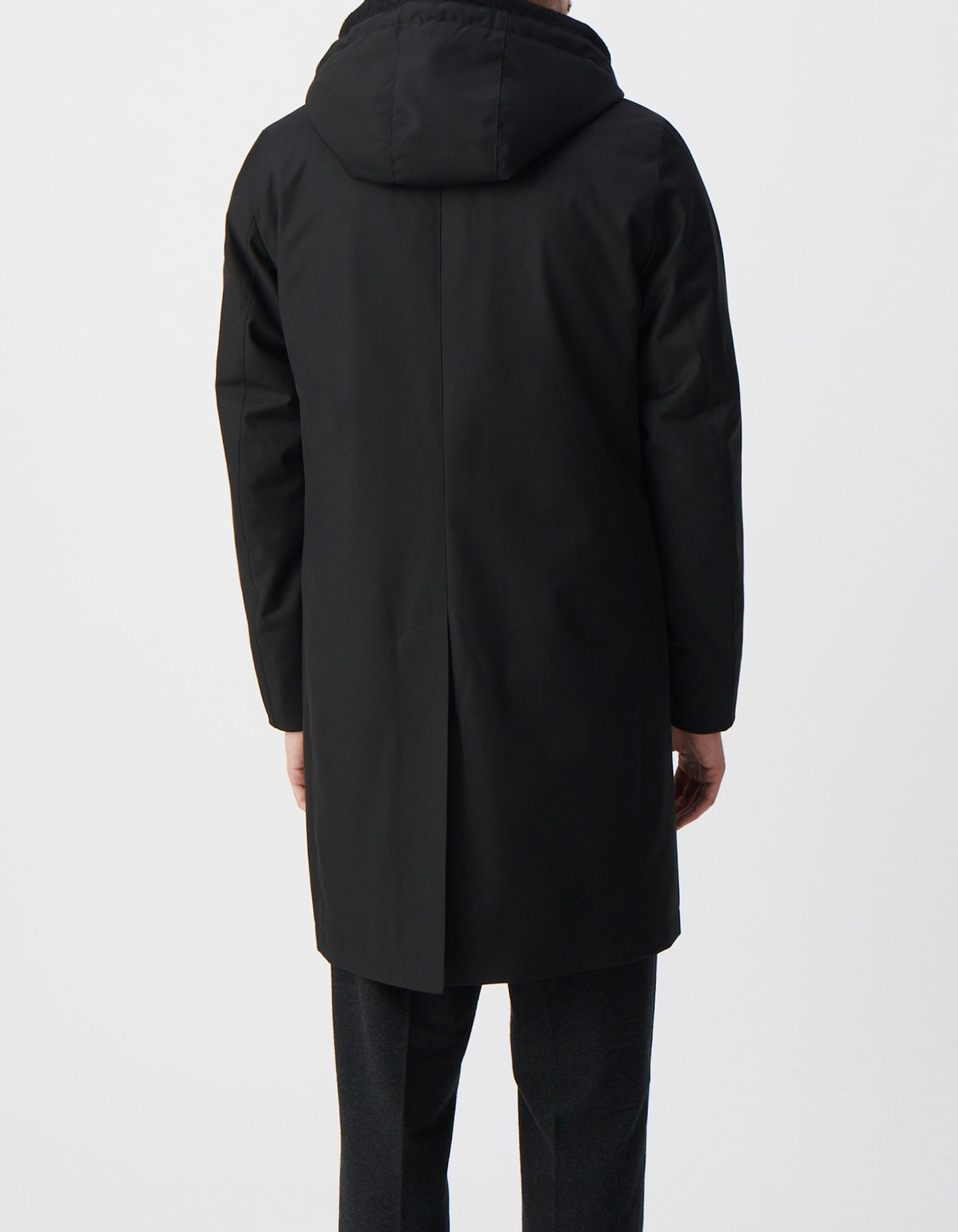 Men's black parka with removable piping