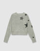 Grauer Damen-Strickpulli Ausschnitte Rock Sterne Perlen-6