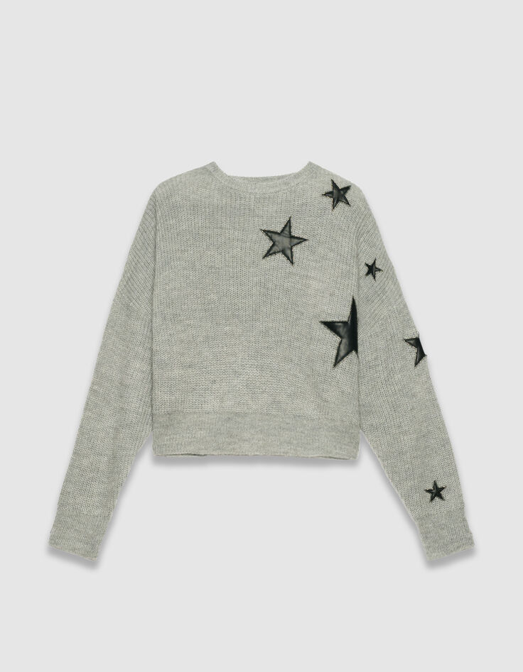 Grauer Damen-Strickpulli Ausschnitte Rock Sterne Perlen-6