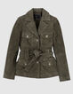 Veste saharienne kaki en cuir velours ceinturée Femme-7