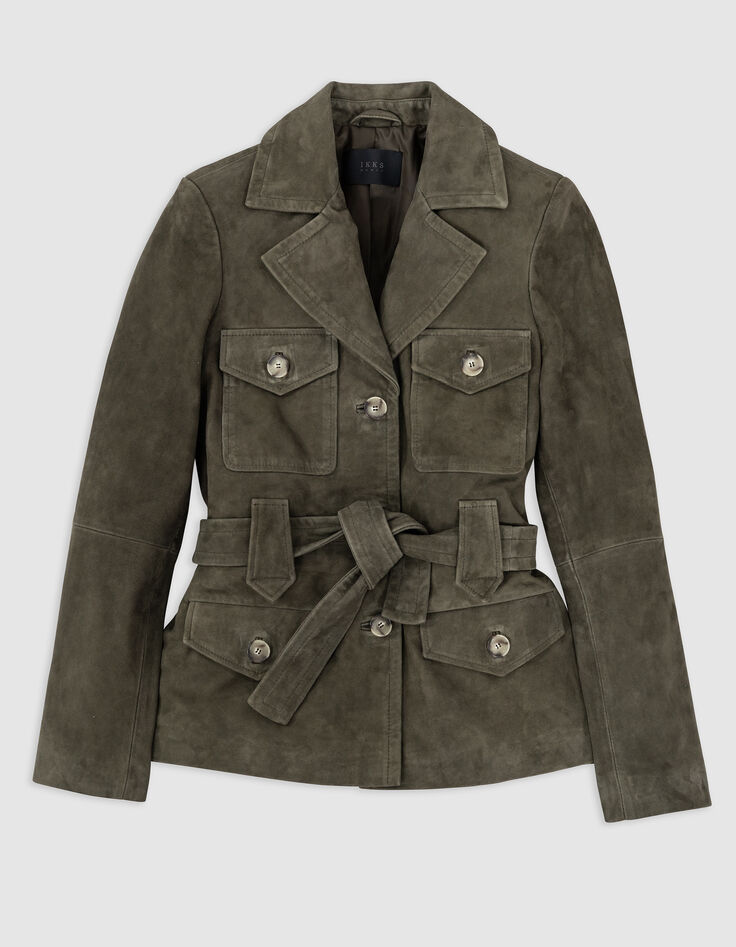 Veste saharienne kaki en cuir velours ceinturée Femme-7