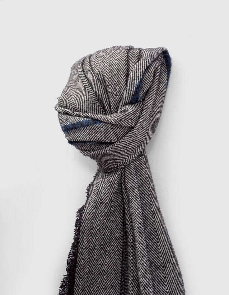 Men&rsquo;s grey scarf with indigo stripe & chevron motif-3