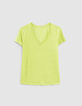 Minzgrünes Damen-T-Shirt, V-Ausschnitt, Leinenjersey-1