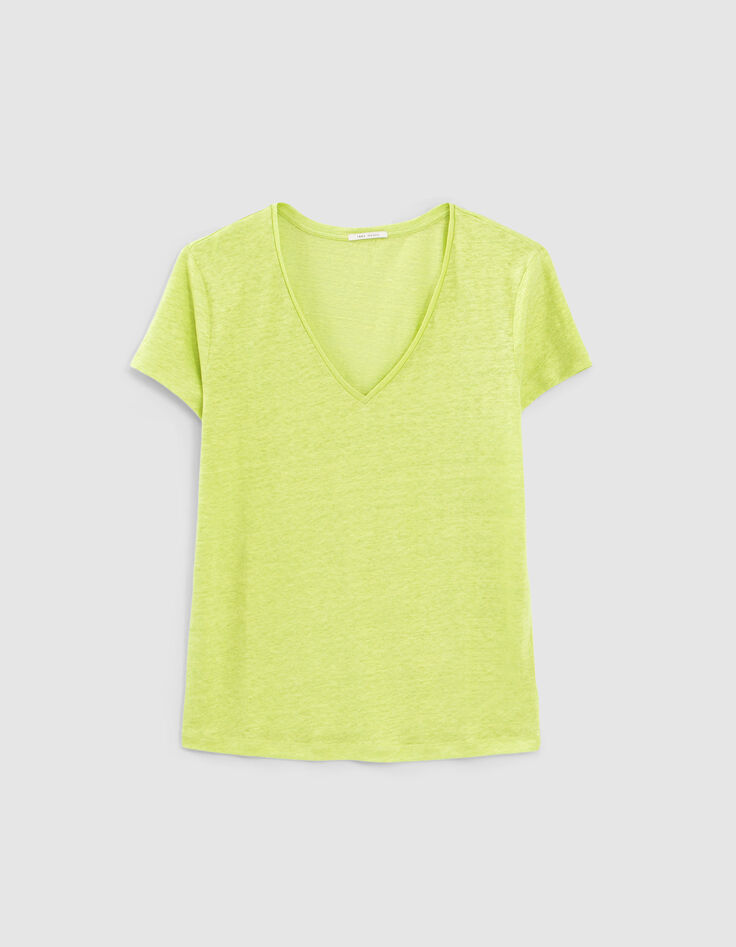 Minzgrünes Damen-T-Shirt, V-Ausschnitt, Leinenjersey-1